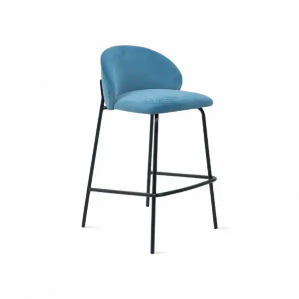 Comfortable blue upholstered bar stool with black metal legs for modern kitchen seating.