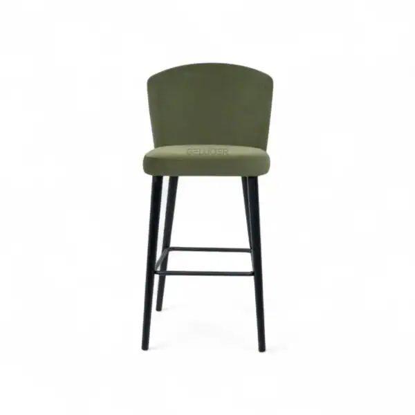 Stylish green upholstered bar stool with black wooden legs for modern furniture decor.