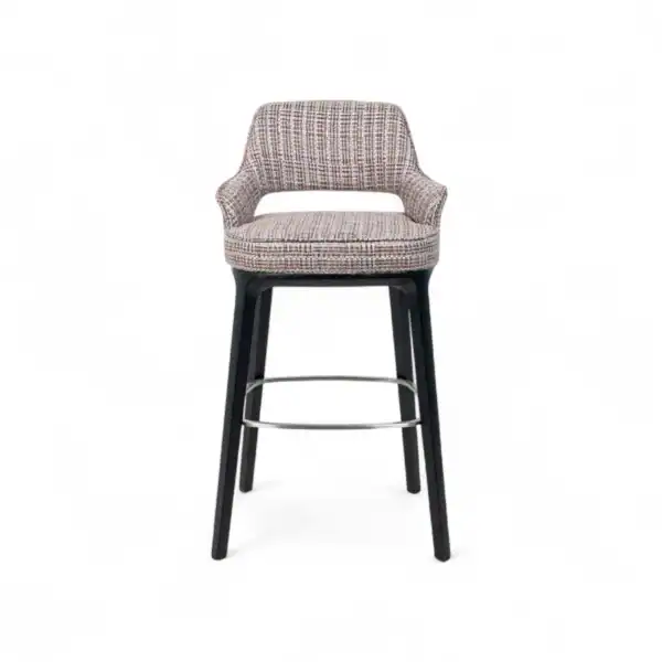 Black upholstered bar stool with plaid fabric and wooden legs, modern home bar furniture.