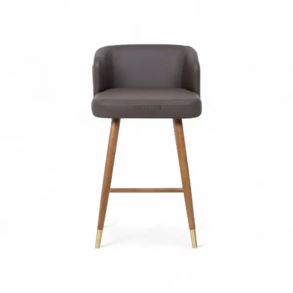Comfortable grey leather bar stool with wooden legs, perfect for modern kitchen and dining spaces.