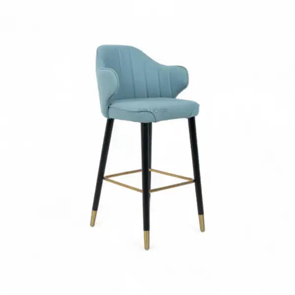 Sleek blue upholstered barstool with black and gold legs, modern design from Geluoer Furniture.