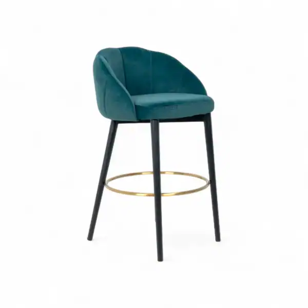 Luxurious velvet bar stool with modern design, black wooden legs, and gold footrest for stylish home or bar decor.