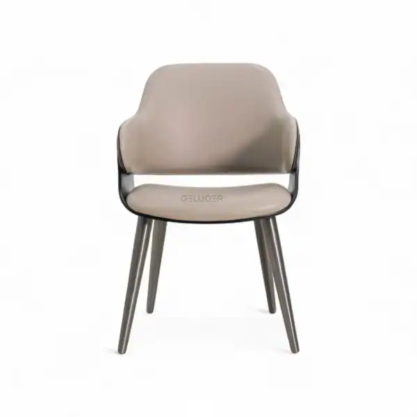Sleek modern dining chair with beige leather upholstery and metal legs – Geluoer Furniture design.