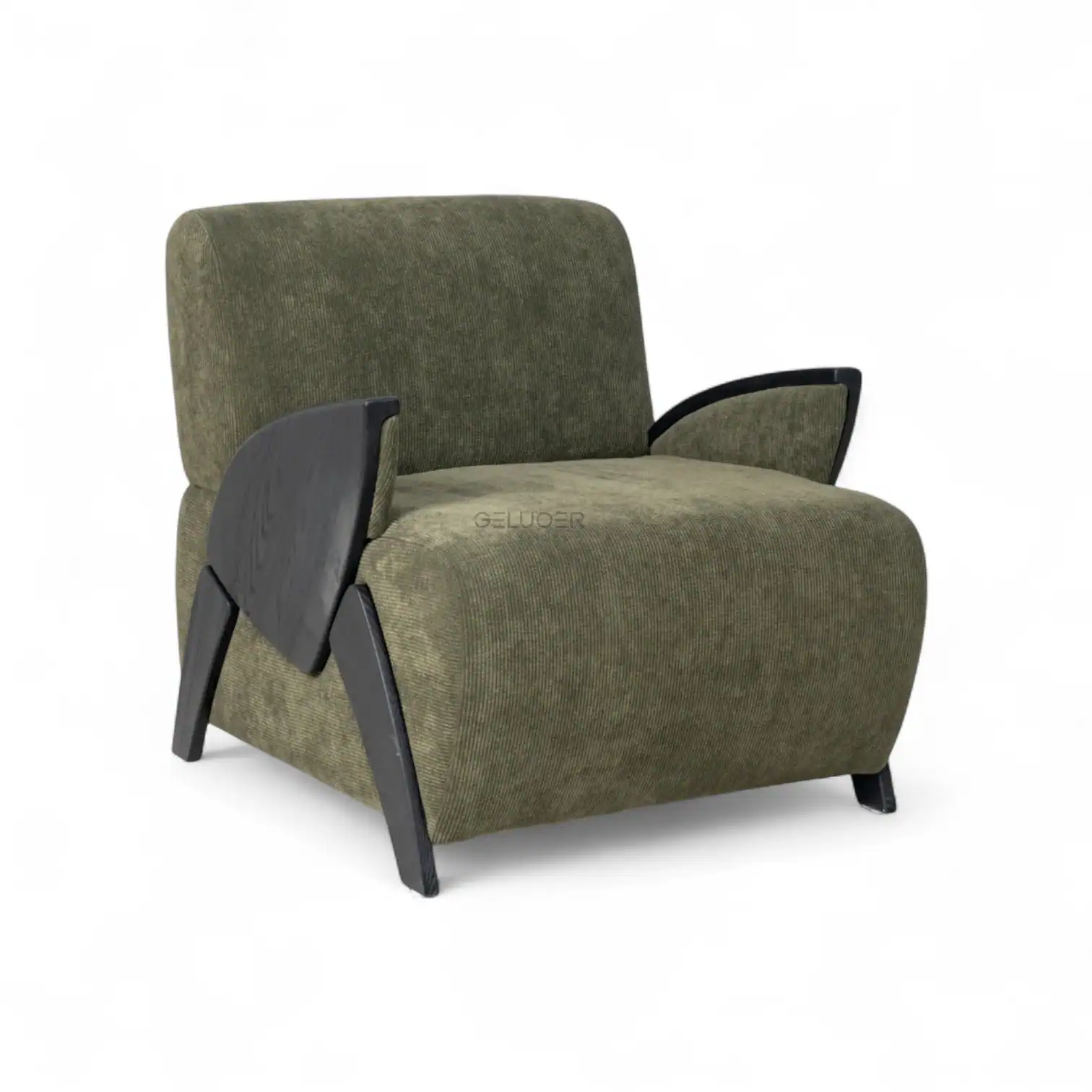 Comfortable green fabric armchair with wooden armrests, modern design, ideal for living rooms.