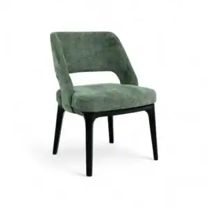 Vintage green upholstered dining chair with black wooden legs, modern design for elegant home decor.