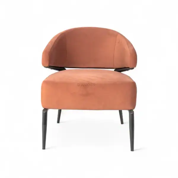 Plush coral-colored modern armchair by Geluoer Furniture with sleek black metal legs.