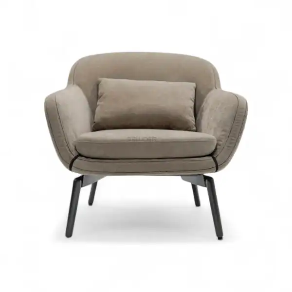 Contemporary beige armchair with wooden legs and plush cushion, ideal for modern living room decor.