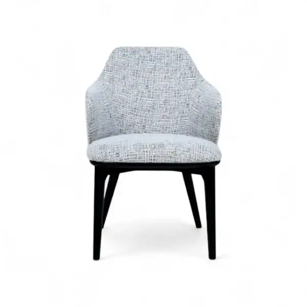 Modern upholstered dining chair with black wooden legs, stylish and comfortable for home or office.