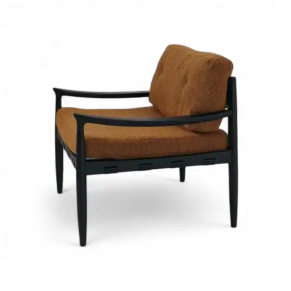 Contemporary armchair with black wooden frame and textured brown upholstery for modern living spaces.