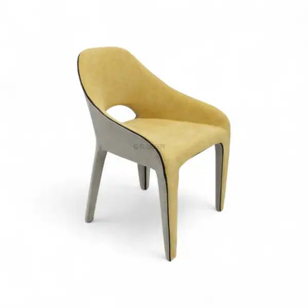 Elegant modern chair with a unique circular cutout and mixed wood finish for contemporary home decor.