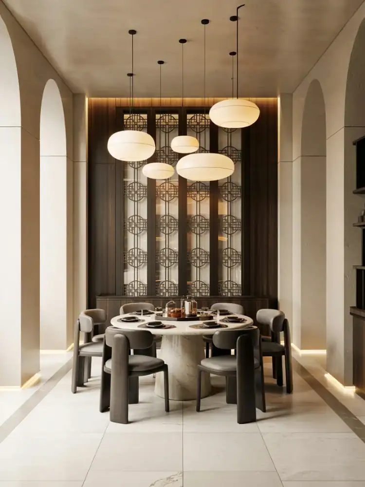 Sleek modern dining room with Geluoer furniture, elegant lighting, and contemporary decor.
