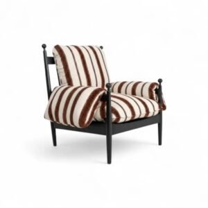 Comfortable striped armchair with plush upholstery and stylish black wooden frame.