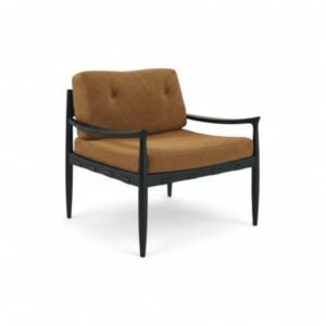 Elegant brown upholstered sofa with black wooden frame, contemporary furniture design for stylish living rooms.