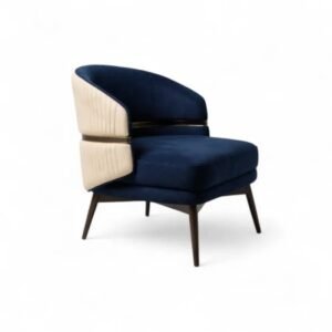Elegant navy blue and cream modern armchair, stylish furniture for contemporary living spaces.