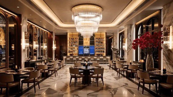 Elegant luxury hotel lobby with modern Geluoer furniture, marble flooring, and a stunning chandelier.