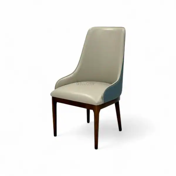 Stylish modern dining chair with wooden legs and upholstered leather seat for contemporary furniture design.