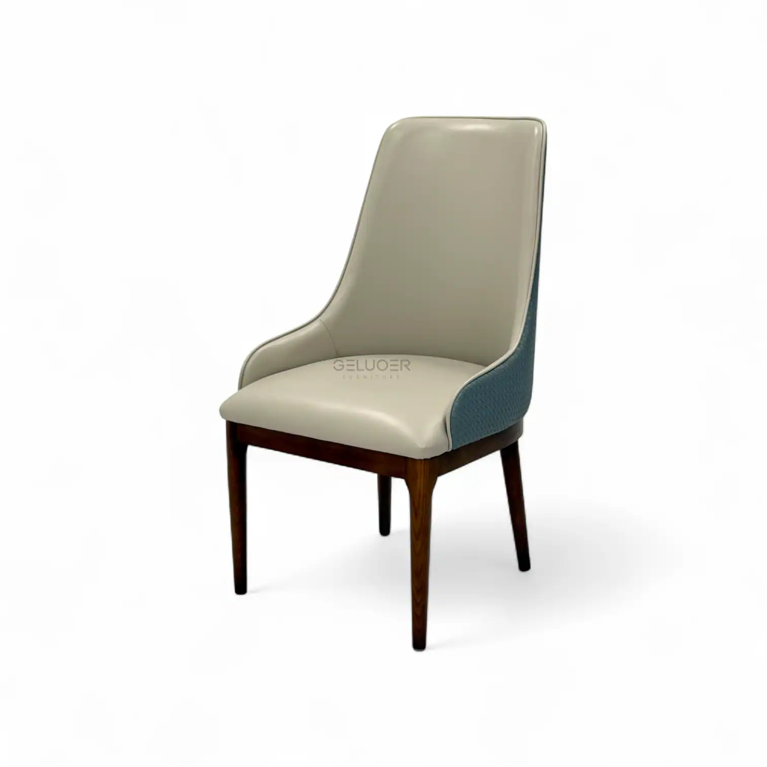 Stylish modern dining chair with wooden legs and upholstered leather seat for contemporary furniture design.
