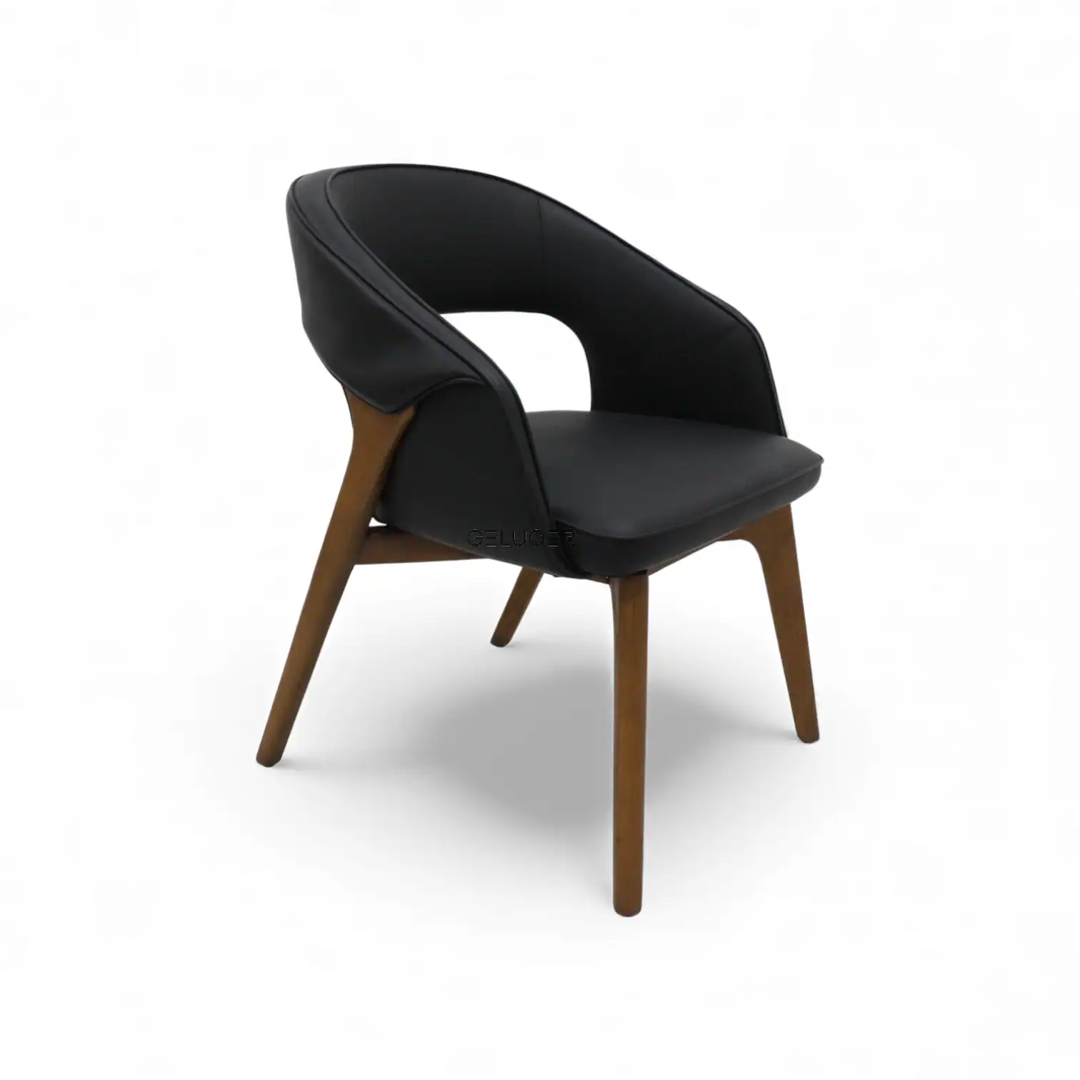 Elegant black leather armchair with wooden legs, modern vintage furniture design.