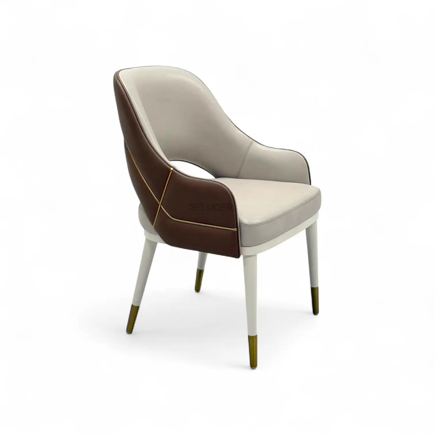 Elegant modern accent chair with beige and brown leather, gold accents, and vintage-inspired wooden legs.