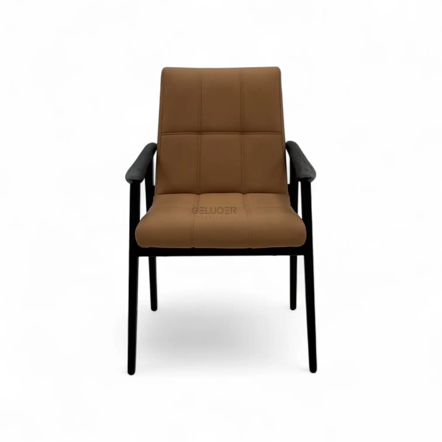 Comfortable modern leather dining chair with black wooden frame by Geluoer Furniture.