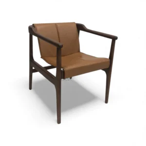 Mid-century modern wooden armchair with leather cushion, stylish furniture for living rooms.