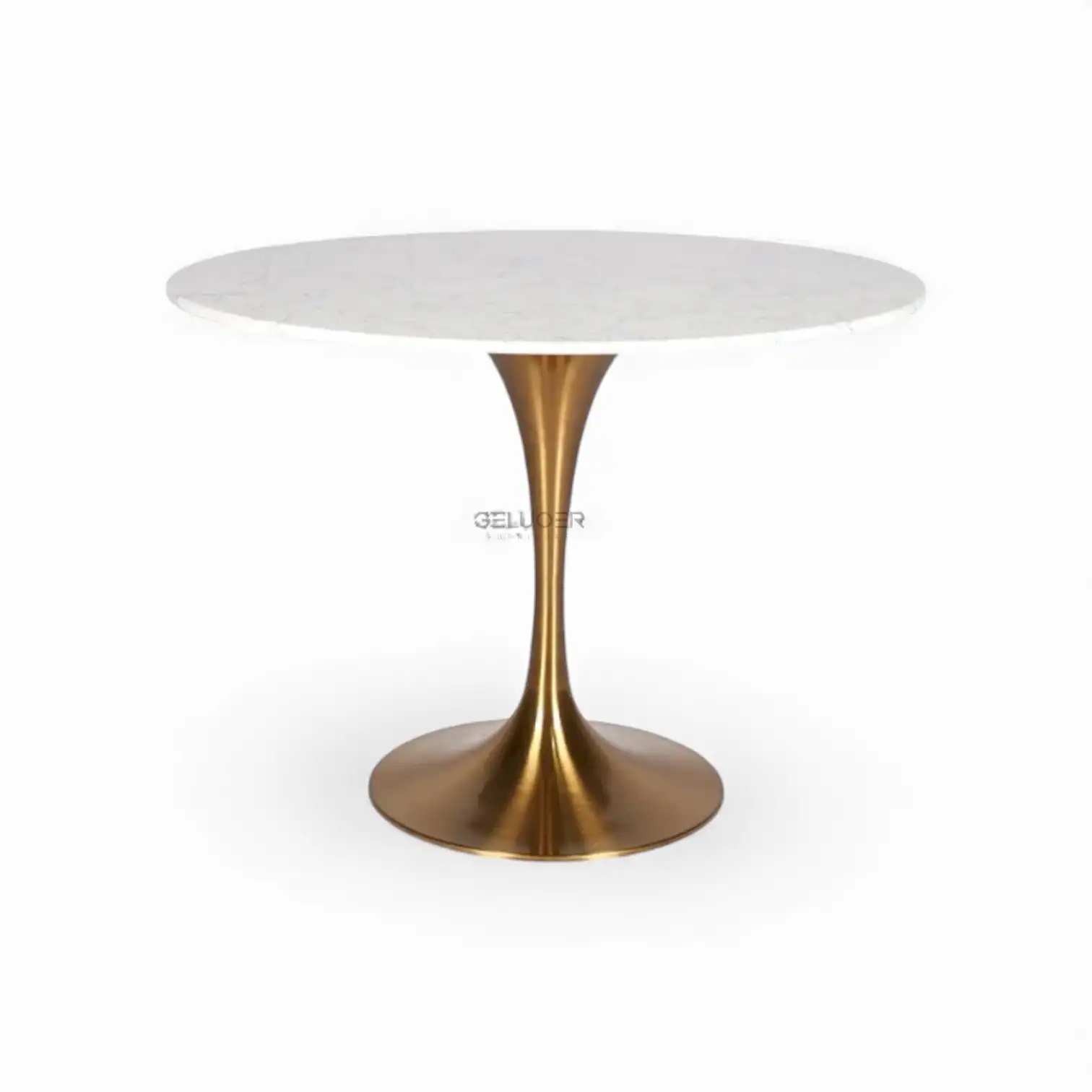 Sleek modern round marble dining table with a gold metallic pedestal base for luxury home decor.