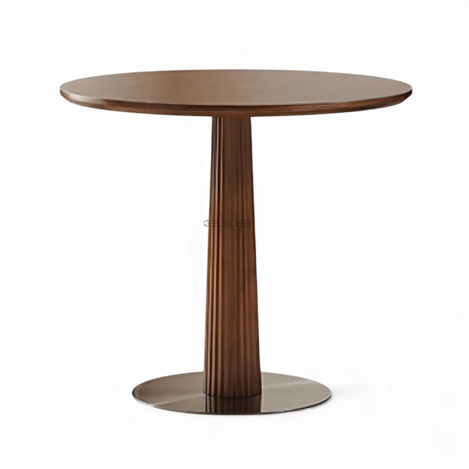 Round wooden coffee table with a sleek pedestal base, modern furniture design for stylish interiors.