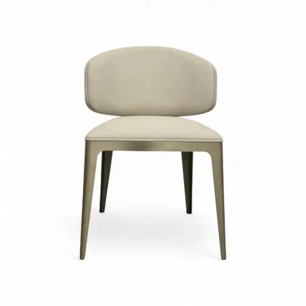 Cream-colored modern office or dining chair with Wooden legs, sleek design.