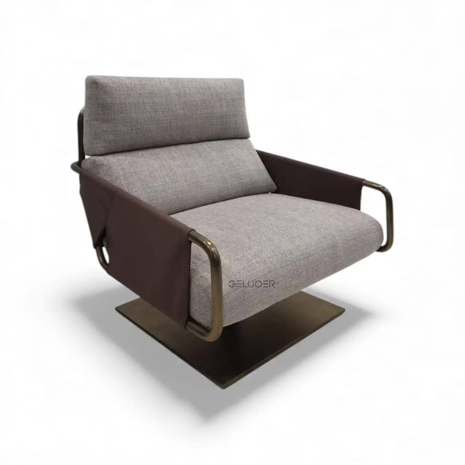 Comfortable modern sofa with gray upholstery and metallic accents, perfect for stylish living spaces.