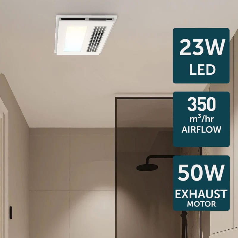 Energy-efficient LED ceiling light with high airflow and quiet exhaust motor for modern bathrooms.