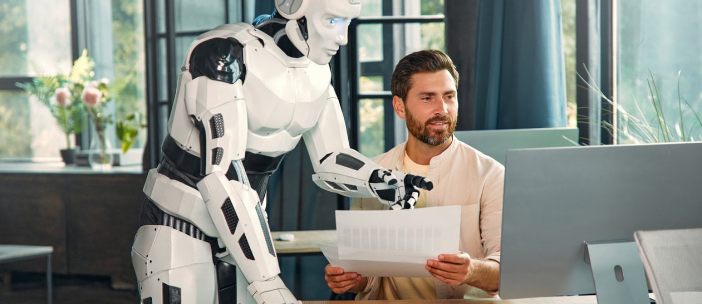 Advanced robotic assistant collaborating with a man in a modern office environment.