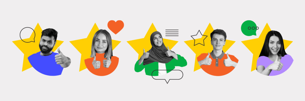 Diverse people showing thumbs up with stars. Visual unity of multicultural voices sharing satisfaction and brand approval. Concept of testimonials, diversity, trust, global reach, customer feedback.