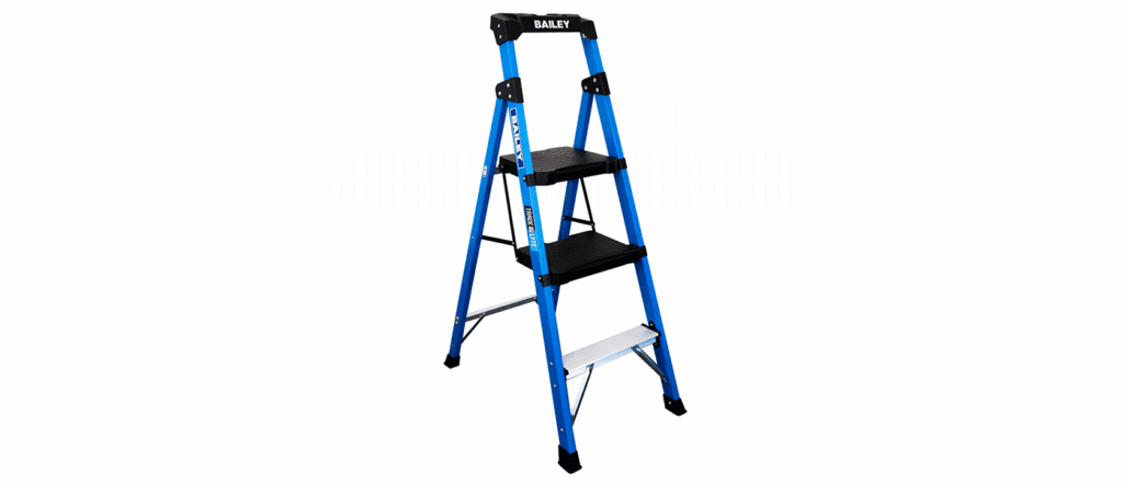 Extendable blue step ladder with black safety rails and sturdy platform for home or professional use.
