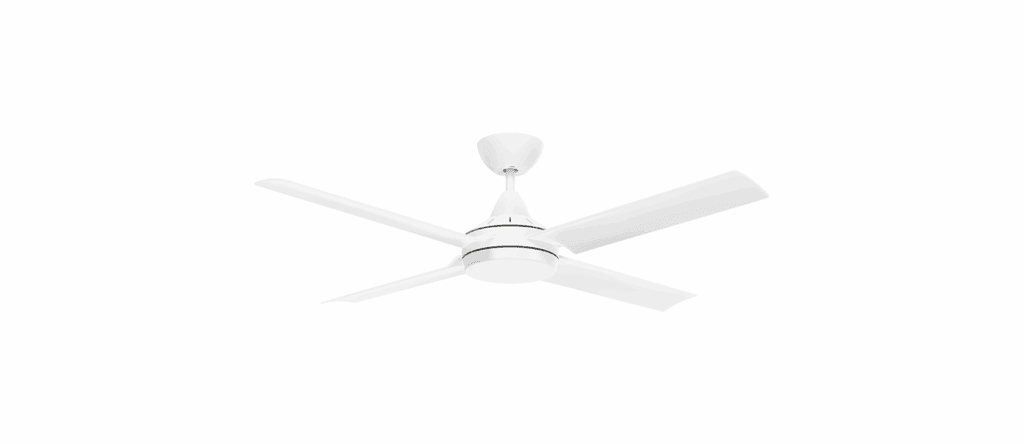 Ceiling fan with white blades and modern design, ideal for home cooling and air circulation.
