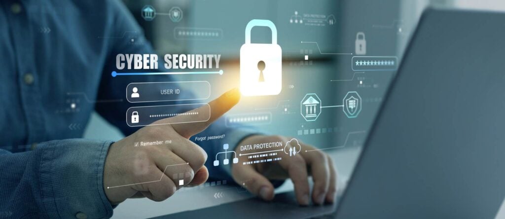 Cyber security lock and digital data protection concept with a person using a tablet.