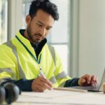 High-visibility worker in safety gear reviewing plans at construction site office.