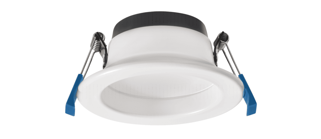 Energy-efficient LED recessed ceiling light with adjustable mounting clips.