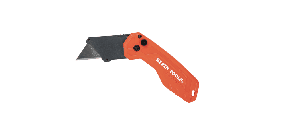 Klein Tools utility knife with orange handle and black blade for cutting and trimming tasks.