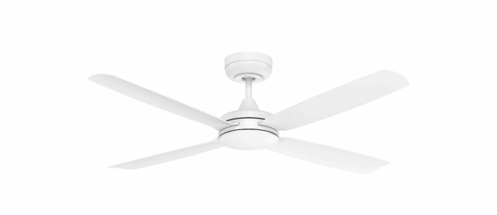 Energy-efficient white ceiling fan with modern design for home comfort and style.