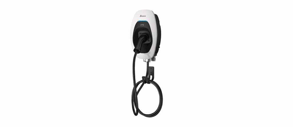 Electric vehicle charging station with a sleek design for home or commercial use.