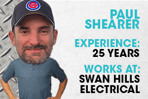 Experienced electrician Paul Shearer with 25 years at Swan Hills Electrical in Australia.