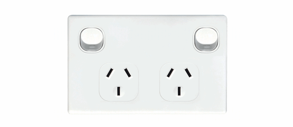 AC power outlet with two sockets on a white wall, suitable for Australian electrical standards.