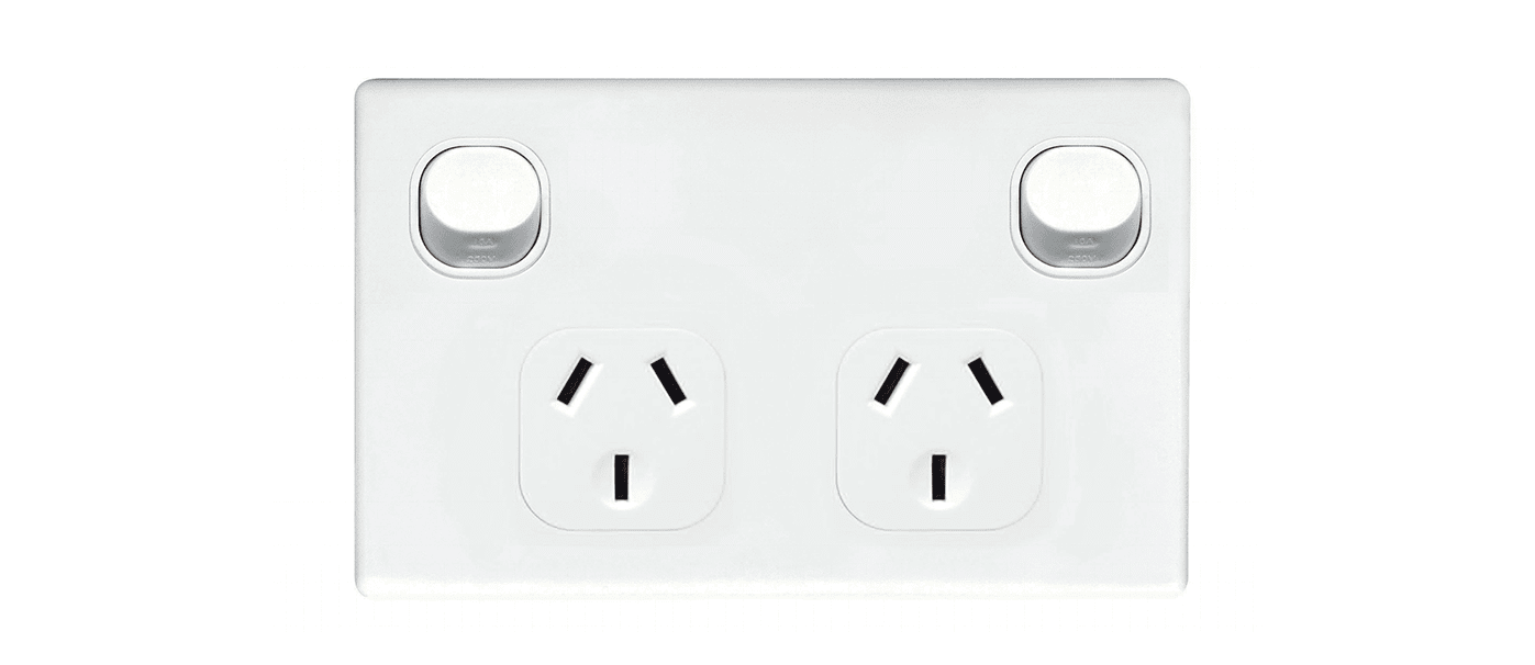 AC power outlet with two sockets on a white wall, suitable for Australian electrical standards.