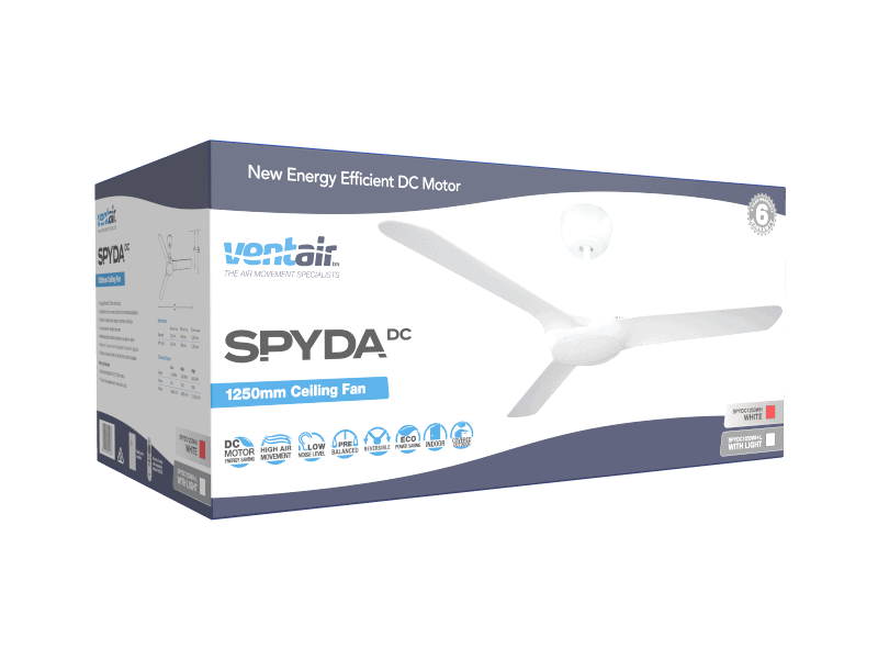 Energy-efficient Ventair Spyda DC ceiling fan with 1250mm blade span for optimal airflow.