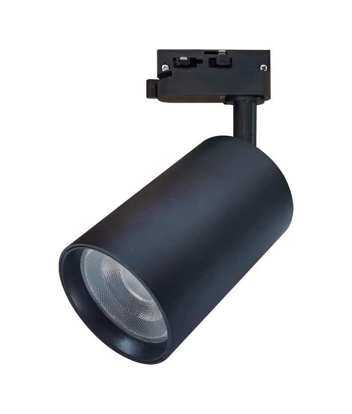 Track lighting spotlight for modern interior decor, black finish, adjustable head, energy-efficient.