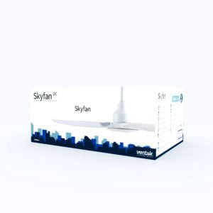 Skyfan DC ceiling fan box with city skyline design, white fan blade, and Vortair branding.