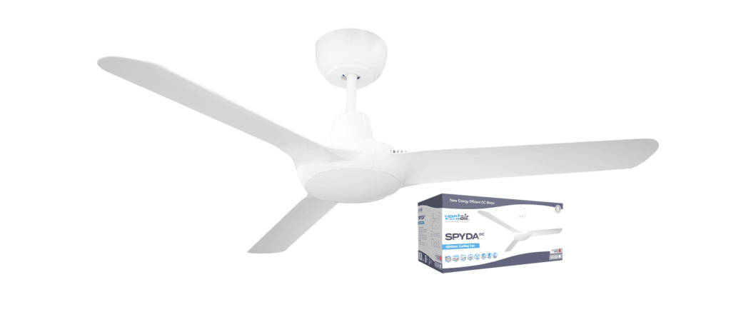 Energy-efficient white ceiling fan with remote control for home comfort and air circulation.