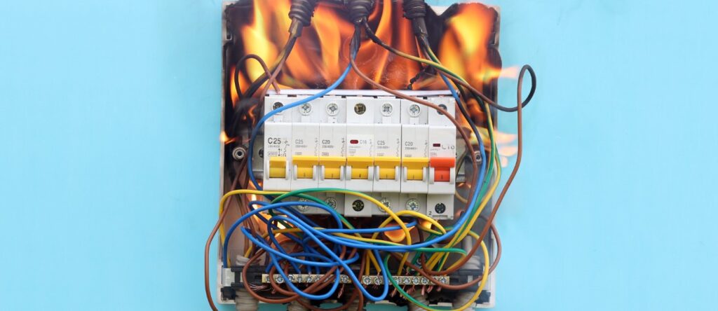 High-voltage electrical circuit breaker with wires and flames for safety testing.