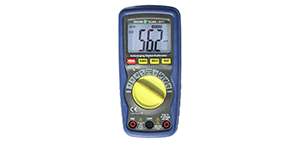 Clamp meter measuring electrical current with digital display and yellow dial.