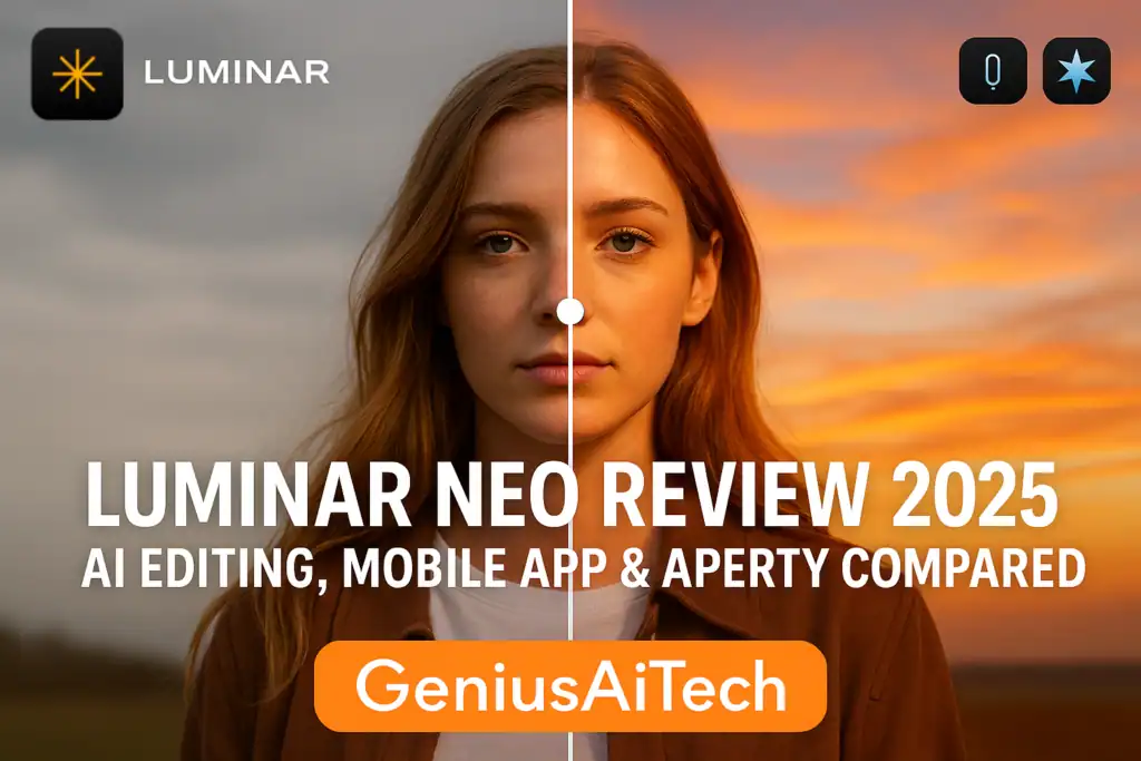 Hero banner showing a before-and-after AI photo edit using Luminar Neo, with logos for Luminar Mobile and Aperty, and the title “Luminar Neo Review 2025 – AI Editing, Mobile App & Aperty Compared.”